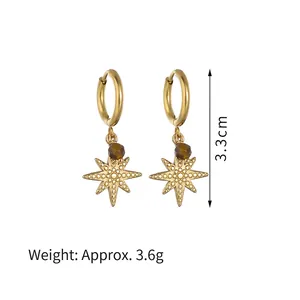 Boucles d'oreilles créoles étoile en acier inoxydable plaqué or 14K avec perles marron