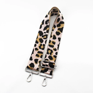 Leopard print woven bag strap with adjustable silver metal buckle and hooks