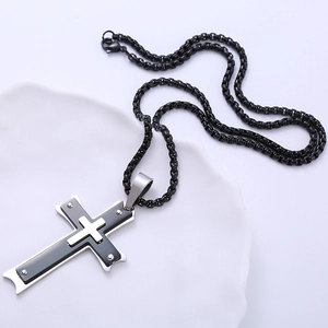 Men's silver and black stainless steel triple layer cross pendant with metal chain