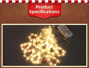 Detail of warm yellow LED Christmas hanging string lights with festive patterns and USB plug