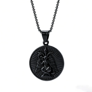 Retro stainless steel Baphomet ram pendant necklace with embossed black circular design