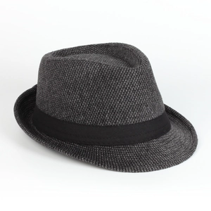 Classic dark grey fedora hat with textured weave and black grosgrain ribbon band