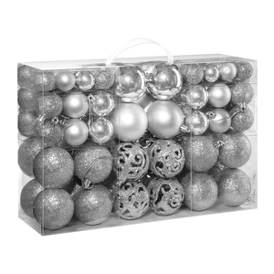 Detailed view of silver Christmas ornaments set in clear handle box packaging