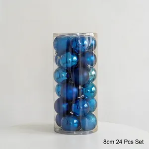 24-piece set of 8cm blue Christmas balls with shiny, matte, and glitter finishes in a tube