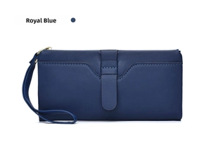 Close-up detail of the royal blue long wallet featuring a wrist strap and multiple slots.