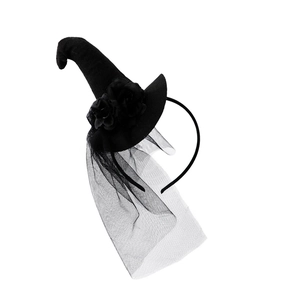 Gothic Halloween witch hat headband with black lace veil and rose floral decorations