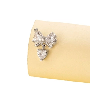 Silver stainless steel bowknot stud earrings with a clear heart-shaped crystal pendant