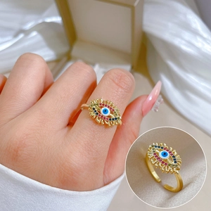 Evil Eye Open Adjustable Ring Brass Gold Plated Multi-color Zircon Minimalist Jewelry For Women