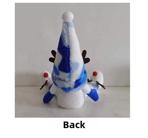 Back view of a Christmas plush doll with white fur, blue striped hat, and reindeer antlers
