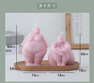 Detailed dimension guide for pink female body candles in standing and sitting poses