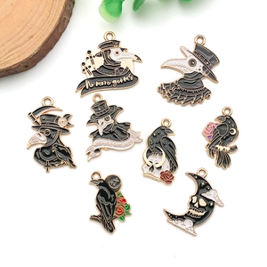 Detailed set of 8 Halloween alloy enamel charms with plague doctor and raven motifs