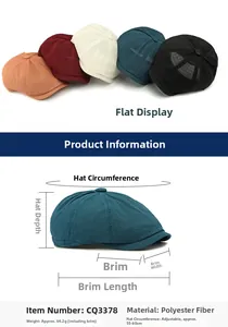 Detailed size specifications and multiple color variants of the breathable newsboy cap
