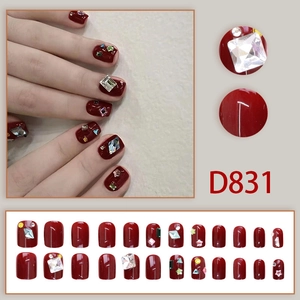 Dark cherry red press-on nails with rhinestones and glitter in short square shape