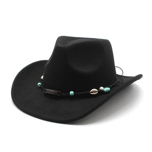 Classic black felt cowboy hat with bohemian shell and turquoise bead headband trim