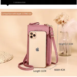 Pink purple vertical crossbody phone bag with adjustable strap and zip closure