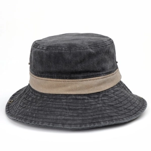 Washed charcoal canvas boonie hat with khaki trim and metal eyelets for outdoor fishing