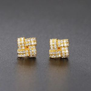 Square gold-plated stud earrings featuring micro-paved cubic zirconia crystals in detail
