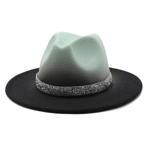 Detailed macro view of gradient wool fedora hat with a crystal rhinestone band decoration