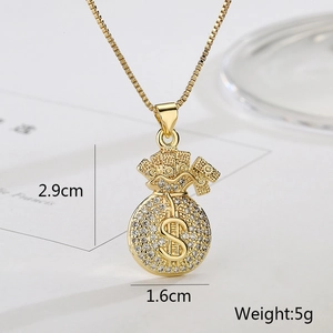 Gold money bag pendant with dollar sign and crystals, measuring 2.9cm by 1.6cm