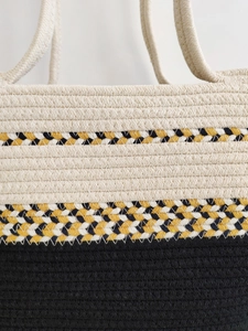 Tricolor woven tote bag in beige, black and yellow cotton rope for beach vacations