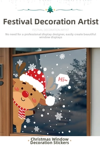 Detail of Christmas window decals featuring a cute reindeer, white snowflakes, and a Hi sign