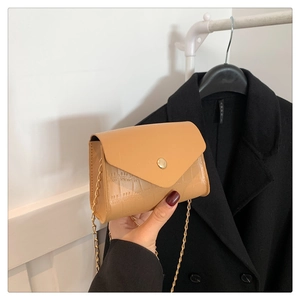 Detail of beige crocodile pattern handbag with gold metal chain and snap closure