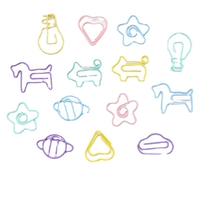 Creative metal paper clips in macaron colors featuring star, heart, and animal shapes