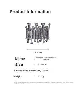 Detail view of rhinestone crystal bracelet showing 17.80cm length and 57.4g weight specs
