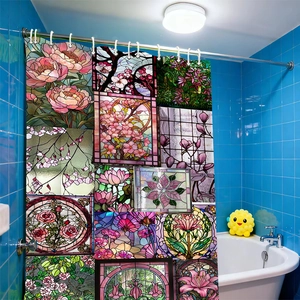 Detail of stained glass floral pattern shower curtain with colorful mosaic flowers