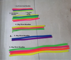 Size comparison of colorful elastic TPR sensory noodles toys in various weights and lengths