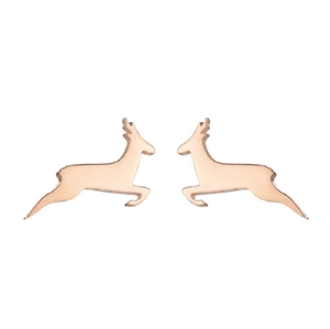 Detailed view of rose gold reindeer stud earrings with a polished metallic finish