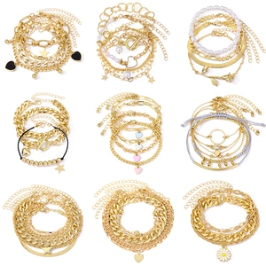 Bracelets Multiples Vintage Pour Femmes Alliage Métal Grosse Chaîne Cœur Étoile Künstliche Perle Charms Bijoux Bohème