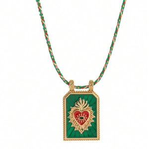 Bohemian tarot card necklace with green enamel heart pendant on a colorful woven cord