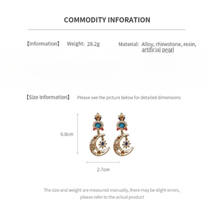 Size information for vintage moon and star earrings with rhinestones and pearls