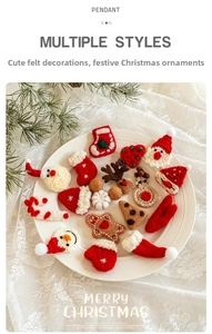 Detailed view of handmade felt Christmas ornaments including Santa, reindeer and snowman