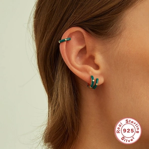 925 silver green enamel round stud earrings and ear cuff set with pavé cubic zirconia