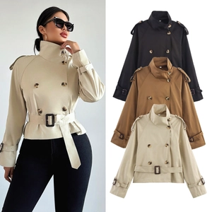Detail view of cropped trench jacket with waist belt in black, khaki and beige colors