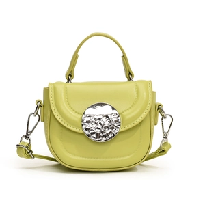 Green PU leather mini crossbody bag for kids with textured finish and silver round buckle