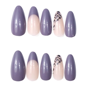 Purple leopard print almond press-on nails with french tip and glitter patterns