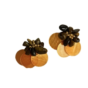 Vintage round shell and tiger eye earrings with gold beads and orange resin discs