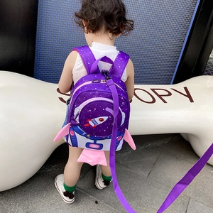 Toddler anti-lost purple rocket backpack with safety leash and cartoon space design