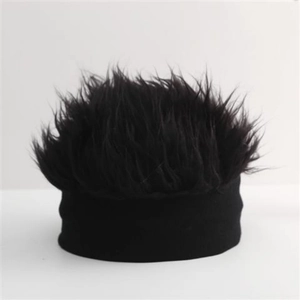 Creative black knit beanie featuring a fluffy synthetic wig hairpiece for men