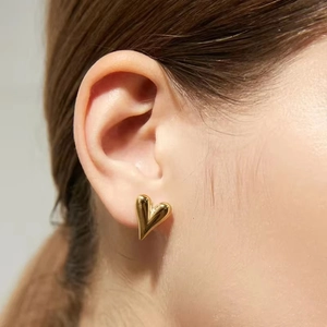 Minimalist gold heart stud earrings in polished stainless steel for women fashion