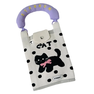 Cute polka dot knit phone bag with black cat design and purple handles for women