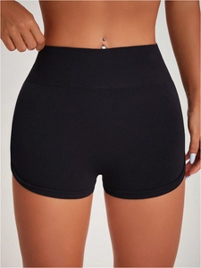 Schwarze Damen High-Waist Sport-Shorts nahtlos mit geripptem Bund für Yoga und Fitnessübungen