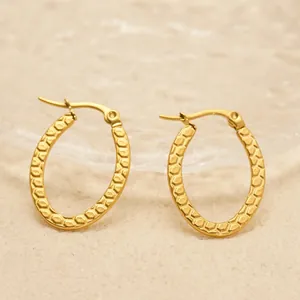 Boucles D'oreilles Créoles Ovales En Acier Inoxydable Plaqué Or 18K Pour Femmes Motif Géométrique Nid D'abeille