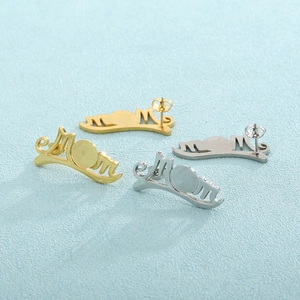 Stainless steel MOM letter stud earrings with blank round bezel in gold and silver