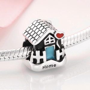 S925 sterling silver house charm with Home engraving and blue enamel on snake chain