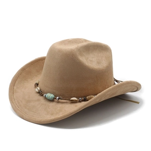 Light brown suede cowboy hat with ethnic turquoise beads and shell band on white background