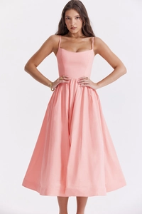 Detailed view of backless pink summer midi dress with elegant A-line silhouette